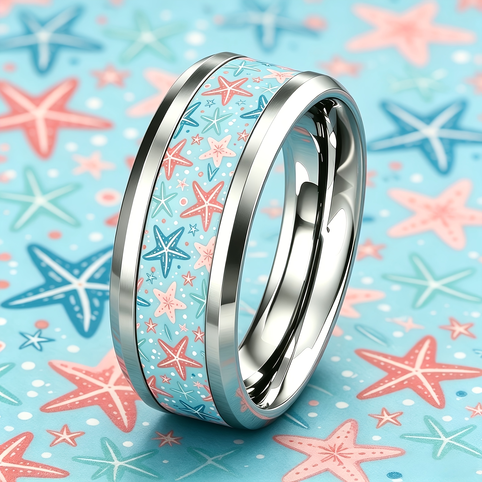 Macaron-Colored Starfish 304 Stainless Steel Ring, 8mm
